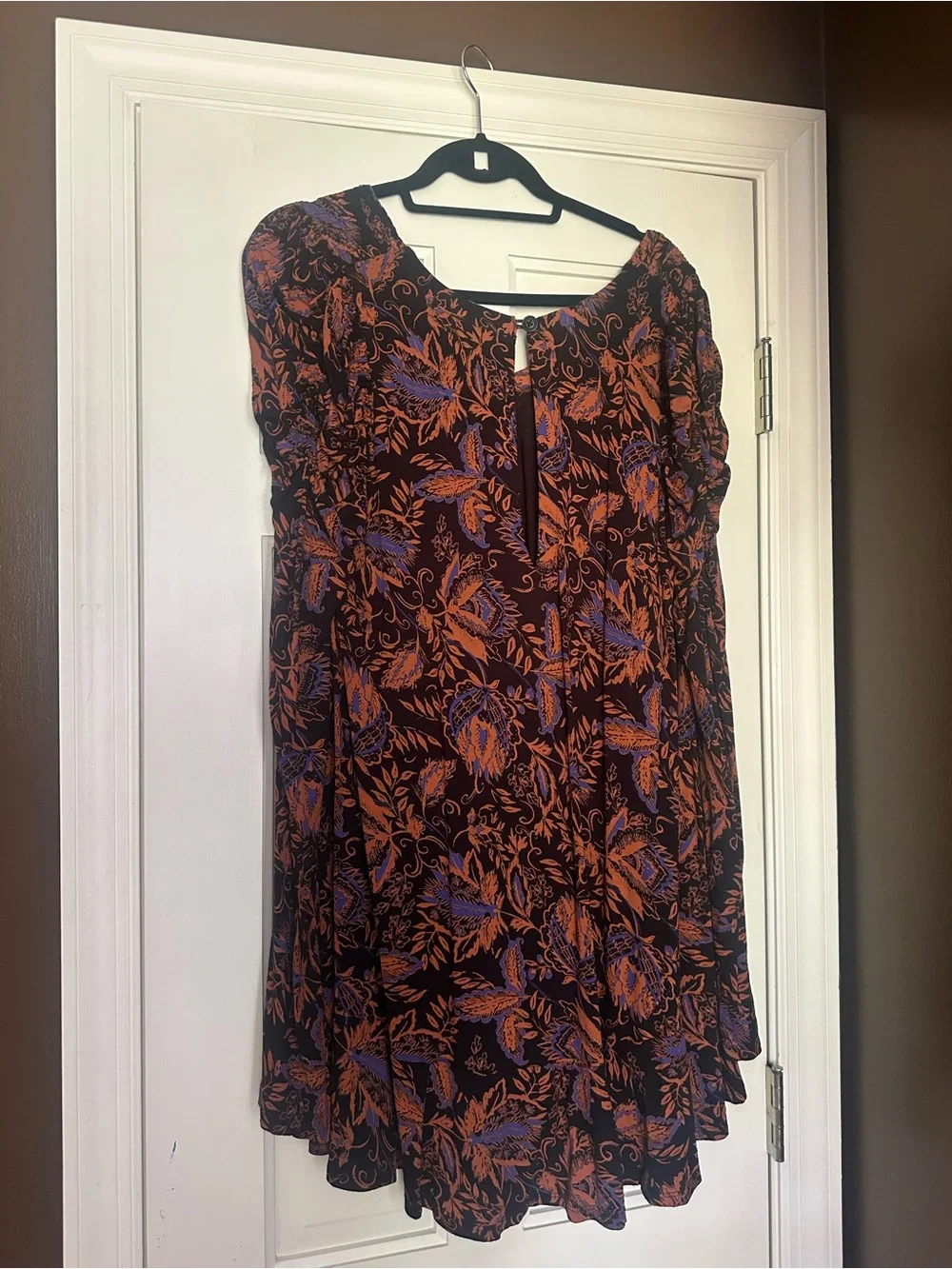 Free People Black Floral V-Neck Blouse with Orange and Purple Print